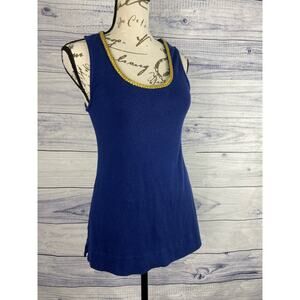 Soft Surroundings Tank Top Womens M Slvless Gold Braided Scoop Neck Stretch Blue